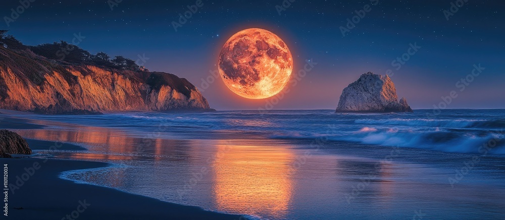 Poster stunning coastline at twilight with a vibrant full moon reflecting on the water creating a serene an