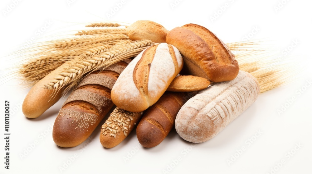 Poster Assorted bread varieties including wheat, rye, and multigrain with wheat stalks on a white background for culinary and food themes