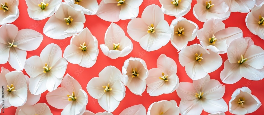 Poster spring floral backdrop with white tulip flowers arranged on coral hue background in a flat lay compo