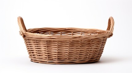 Wicker basket without contents on a clean white background showcasing minimalist design and natural materials