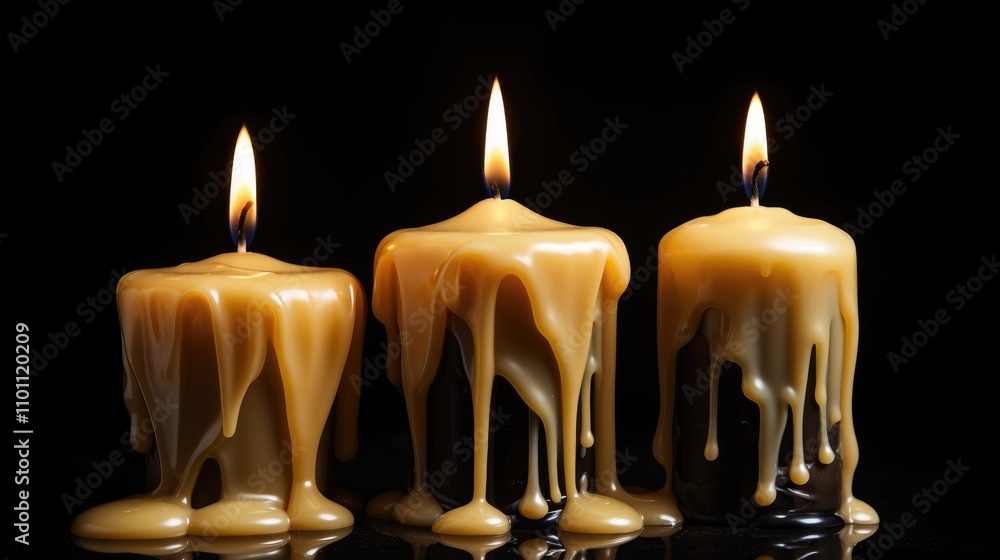 Poster three illuminated wax candles with melting wax on a black background ideal for text insertion and da
