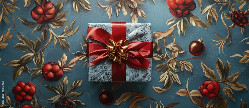 Poster elegant gift box with a red bow arranged on a floral patterned background perfect for holiday themes