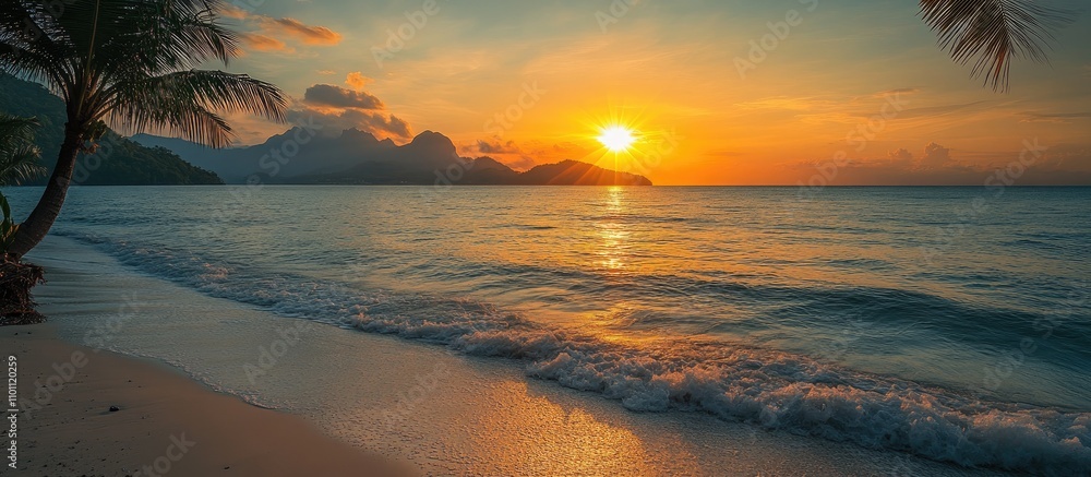Poster Serene sunset over the ocean with silhouettes of palm trees and an island creating a tranquil beach scene at twilight