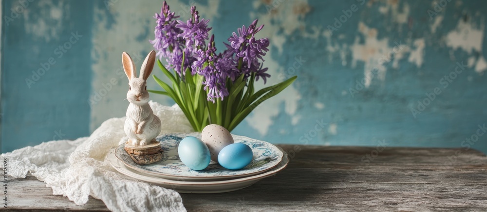 Aufkleber charming vintage table setting featuring a bunny figurine spring flowers and naturally dyed blue egg