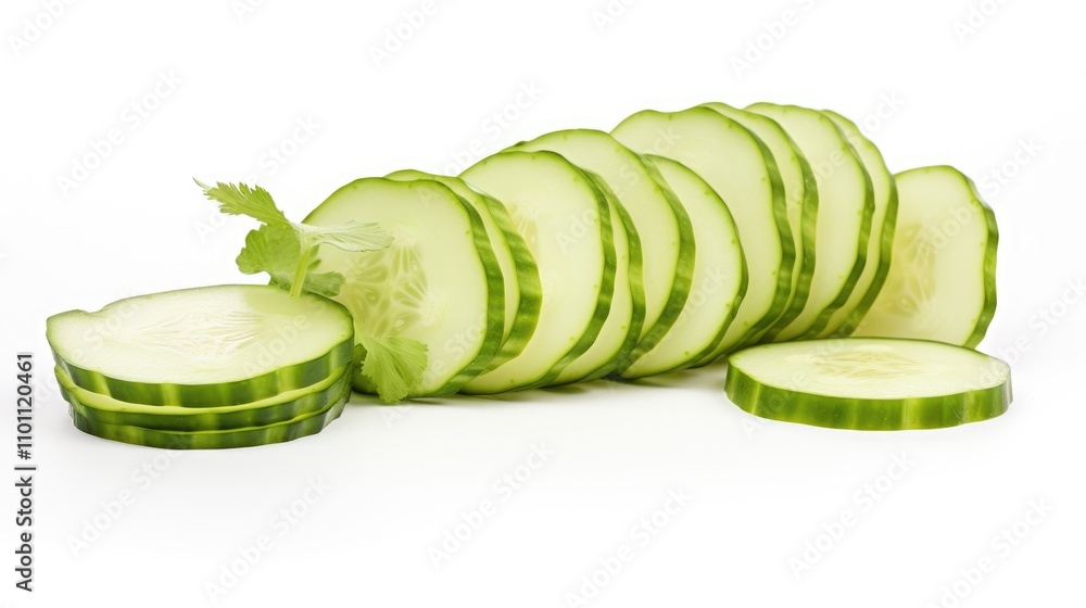 Aufkleber Fresh cucumber slices arranged neatly on a white background highlighting their vibrant green color and crisp texture.