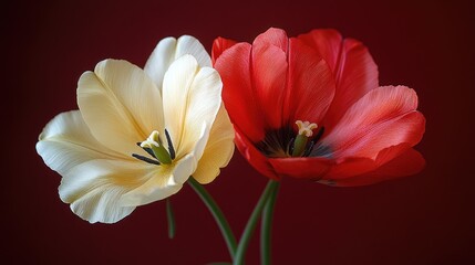 Obraz premium Delicate arrangement of sweet pea and red tulip against a rich backdrop showcasing vibrant colors and floral elegance.