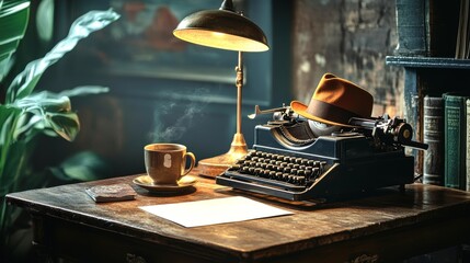 Obraz premium Vintage Typewriter and Coffee in Cozy Workspace with Greenery