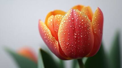 Stunning close-up of red and yellow tulip with green leaves and water droplets on a white background perfect for floral designs and decorations
