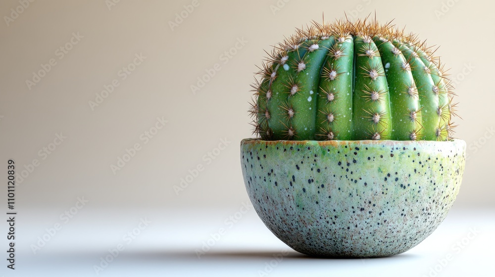 Poster green cactus in a textured pot displayed against a neutral background highlighting its unique shape 