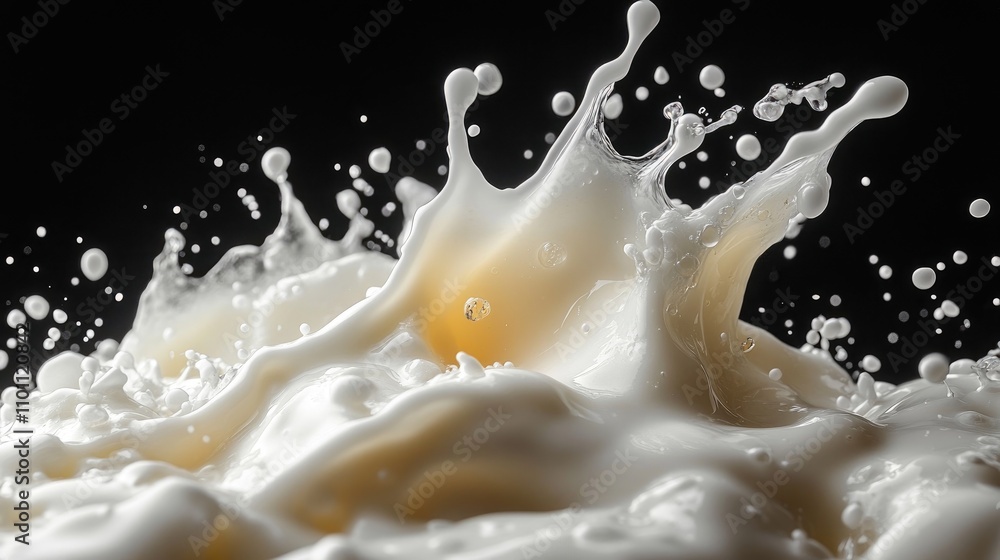 Poster vanilla milk splash with dynamic droplets captured against a contrasting black background showcasing
