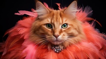 Elegant ginger cat wearing a vibrant feather boa against a dark backdrop showcasing its striking green eyes and luxurious decor.