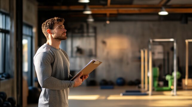 A fitness trainer monitors the training session in a well-equipped gym, focusing on the progress of clients and their routines