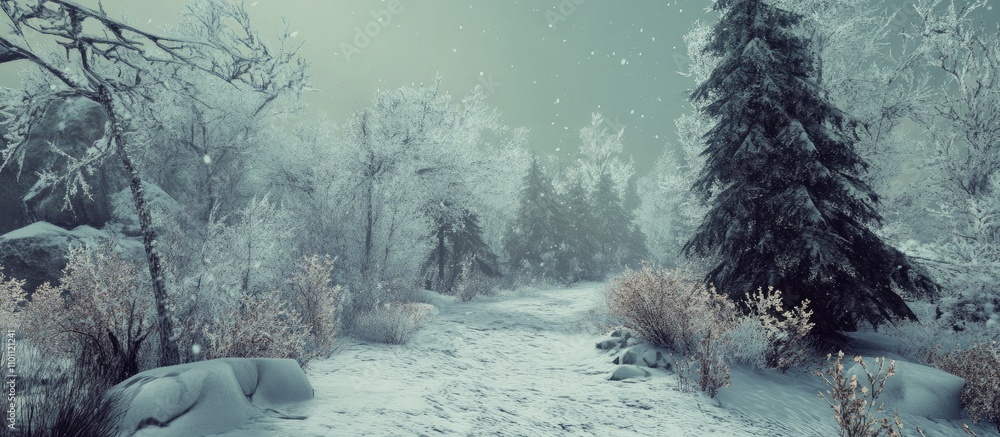 Poster serene snowy forest landscape with frost-covered trees and gentle falling snow creating a tranquil w