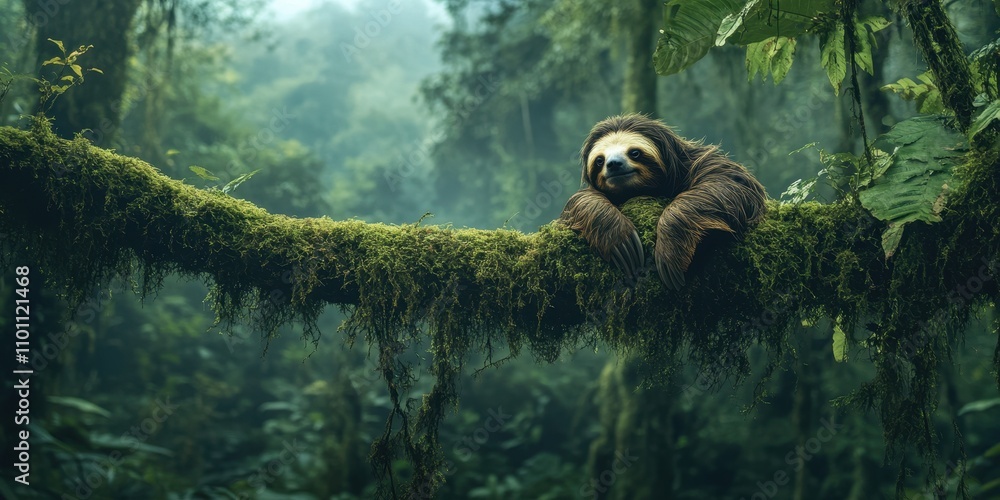 Poster a sloth rests on a moss-covered tree branch, surrounded by lush green foliage in a tranquil rainfore