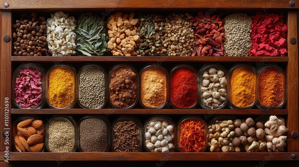 Poster colorful assortment of various spices displayed in jars on a wooden shelf creating a rustic and vibr