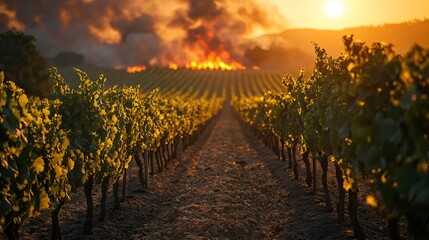 Obraz premium Vineyards are engulfed by destructive wildfires, showcasing the devastating effects of climate change.