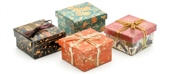 Elegant gift boxes in various designs and colors arranged on a white background showcasing sophistication and style for presentable occasions