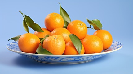 Mandarins arranged on a decorative plate with green leaves against a light blue backdrop highlighting their vibrant color and freshness