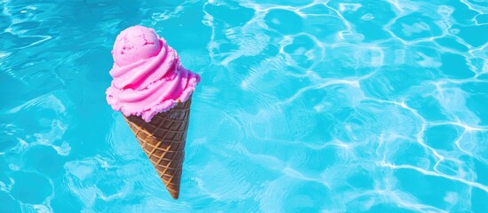 Bright pink inflatable ice cream cone floating in shimmering blue pool water on a sunny day creating a fun summer vibe
