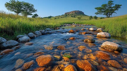 Water flows gently through a ravine created by erosion, adorned with stones and green grass, under a clear blue sky, symbolizing the dynamic nature of landscapes.