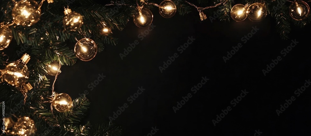 Poster christmas tree decorations and lights garland flat lay composition on black background with ample sp
