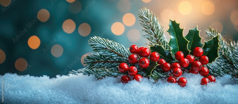 Aufkleber Christmas fir tree branch with holly berries on snow creating a festive winter scene with warm bokeh lights in the background
