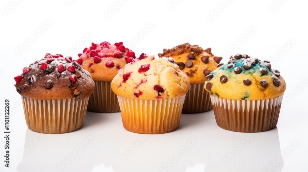 Poster assorted classic muffins with various toppings and flavors on a white background showcasing deliciou