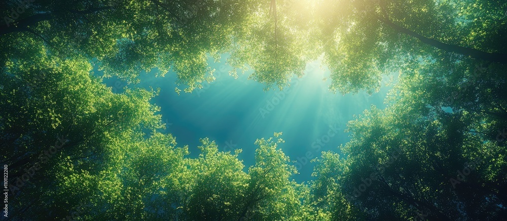 Poster Lush green forest canopy with sunlight filtering through trees against a serene blue sky creating a tranquil natural atmosphere.