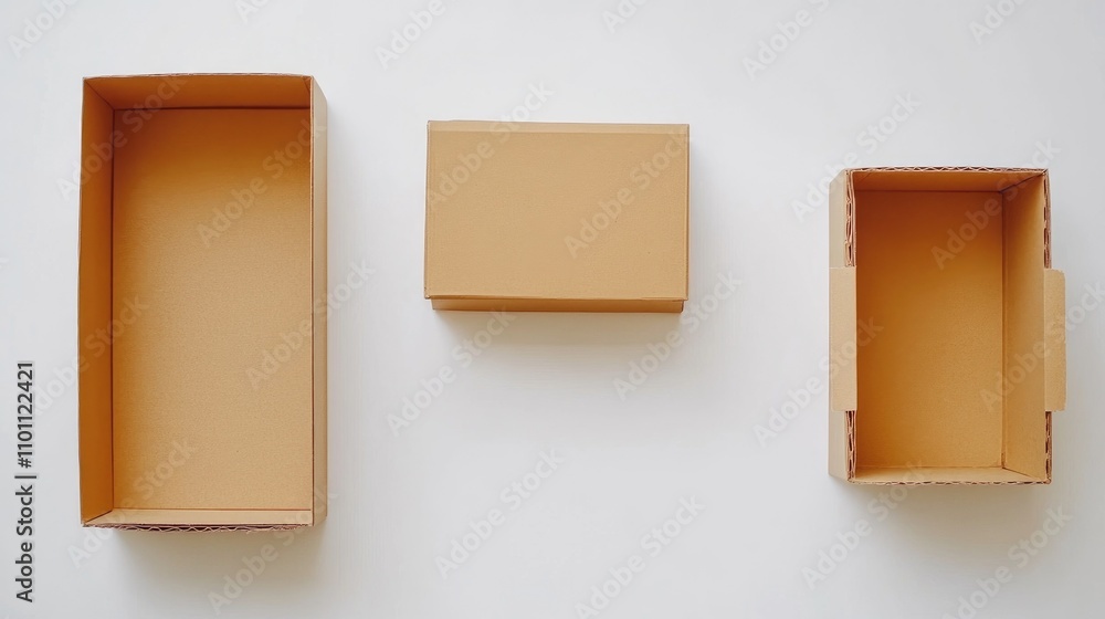 Poster brown cardboard boxes arranged on a clean white background showcasing various sizes and designs for 