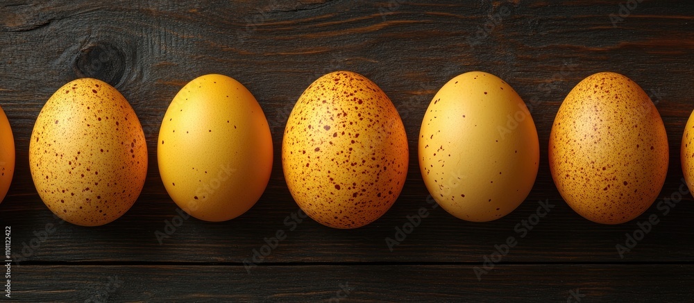 Poster yellow speckled chicken eggs beautifully arranged on a rustic wooden surface creating an elegant dec