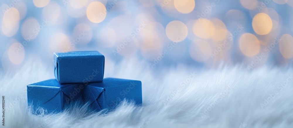 Fototapete blue gift boxes on soft white fur with a blurred bokeh background creating inviting space for festiv