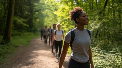Obraz premium A cheerful group of hikers moves along a scenic forest path surrounded by lush greenery, enjoying the outdoors on a sunny day