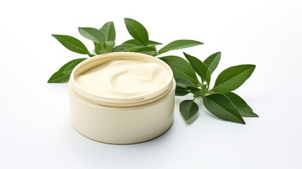 Container of cream surrounded by fresh green leaves on a clean white background for skincare and wellness themed imagery