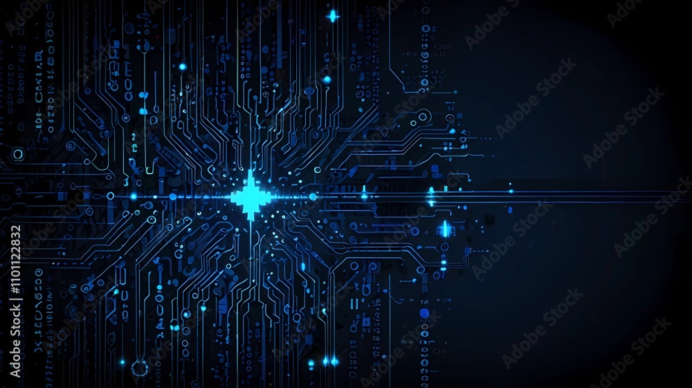 Fototapete Dark blue color Light Abstract pixels Technology background for computer graphic website internet. circuit board. text box, star