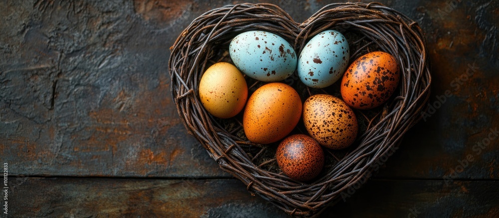 Poster Colorful chicken and quail eggs arranged in a decorative heart shaped nest on textured surface for a rustic culinary concept