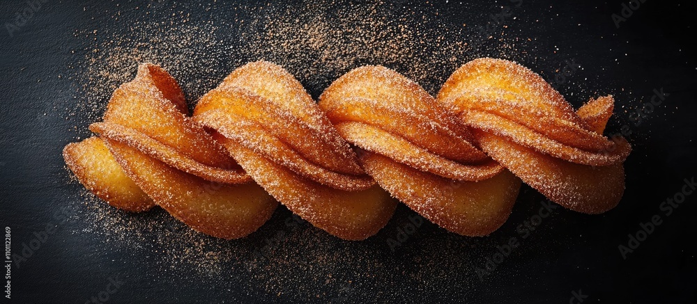 Poster cinnamon crescent pastries elegantly arranged on a dark slate background with a sprinkle of sugar fo