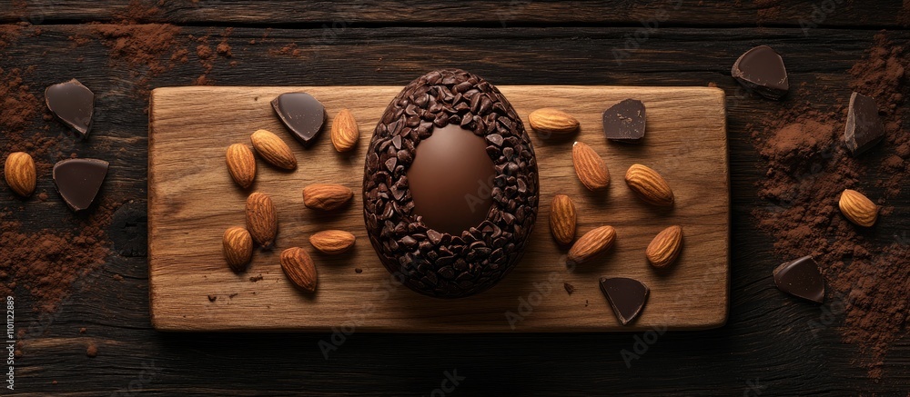 Poster bitter chocolate easter egg with crunchy almonds surrounded by chocolate callets on a rustic wooden 