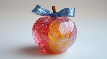 Colorful homemade taffy apple decoration with blue ribbon on a neutral background showcasing creative candy craftsmanship.