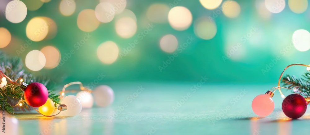 Poster multicolored bokeh lights on a teal background with decorative elements and space for text perfect f