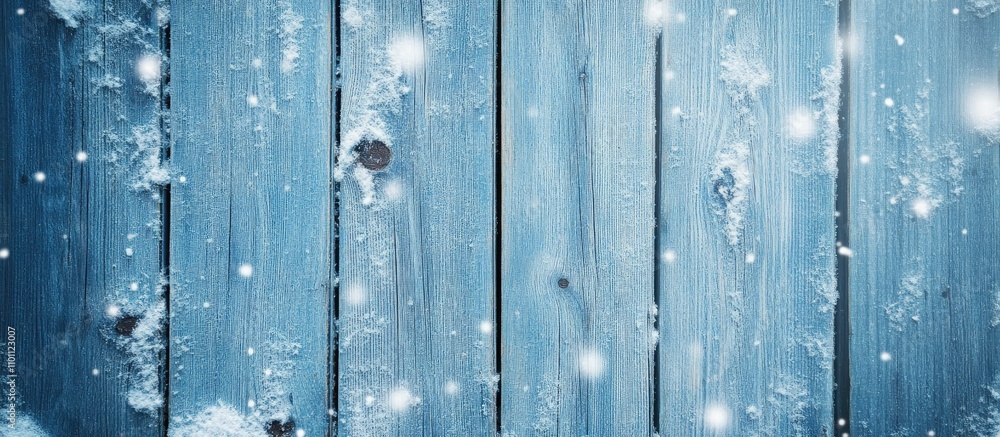 Poster Blue wooden texture with snowflakes creating a serene winter background for rustic or seasonal design themes