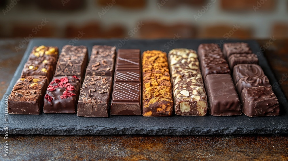 Poster assorted chocolate bars elegantly displayed on a dark slate plate with a rustic background showcasin