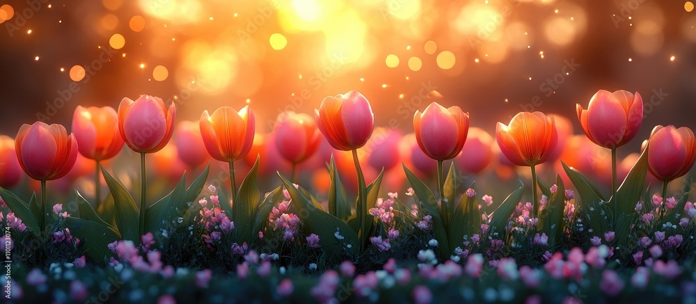 Poster Vibrant tulip field at sunrise showcasing colorful blooms in spring with a soft bokeh background perfect for promotional text and designs