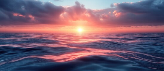 Serene sunset over calm ocean waves with vibrant colors reflecting on the water creating a tranquil and beautiful atmosphere