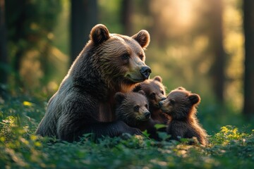 Obraz premium A mother brown bear cuddles her three cubs in a lush green forest with golden sunlight filtering through the trees.