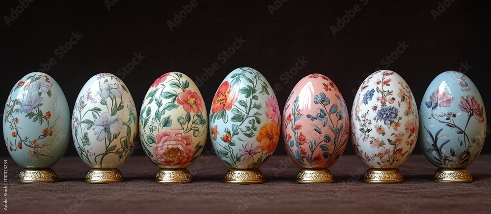 Poster elegant decorative easter eggs with floral designs arranged on a dark background showcasing vibrant 