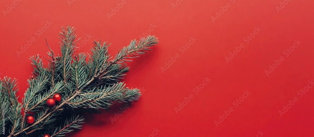 Poster fir branch decorated with red berries on vibrant red background with ample copy space for festive ho
