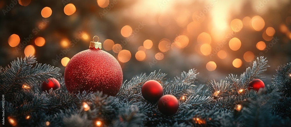 Aufkleber christmas ornament among pine branches with warm blurred lights in the background creating a festive