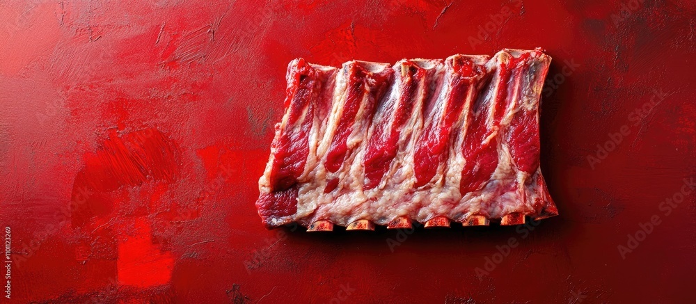 Poster raw beef ribs display on a textured red background ideal for culinary and meat preparation concepts