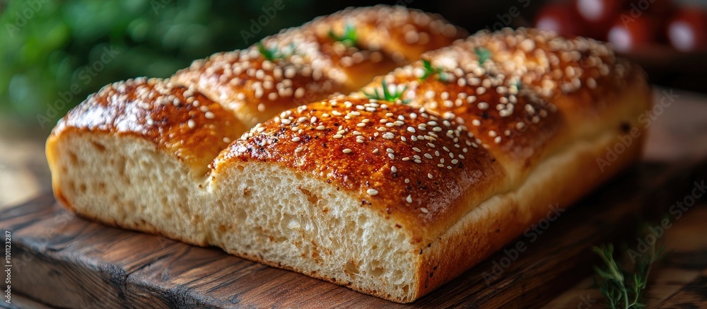 Poster sesame seed topped bread resting on a rustic wooden surface with herbs and assorted ingredients in t
