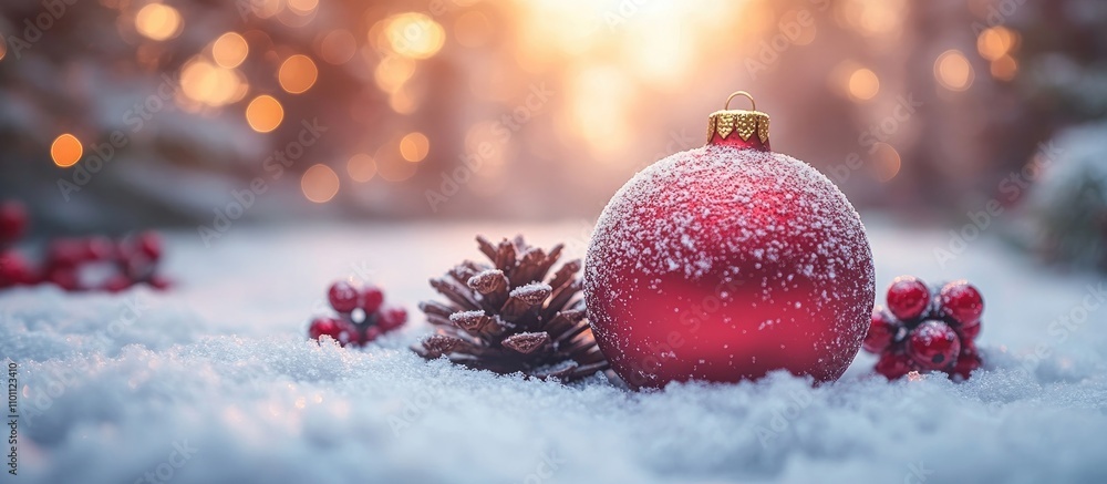 Poster christmas ornaments with pinecones on snow highlighting a beautiful bokeh effect in a festive winter